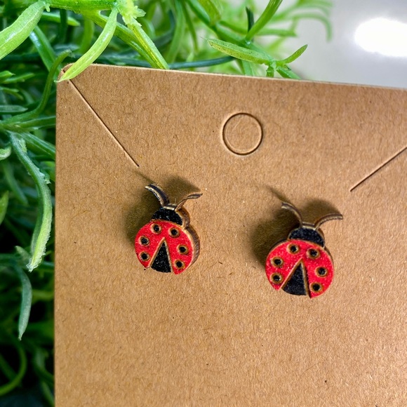Hand Painted Ladybug Wood Stud Earrings - Picture 1 of 1